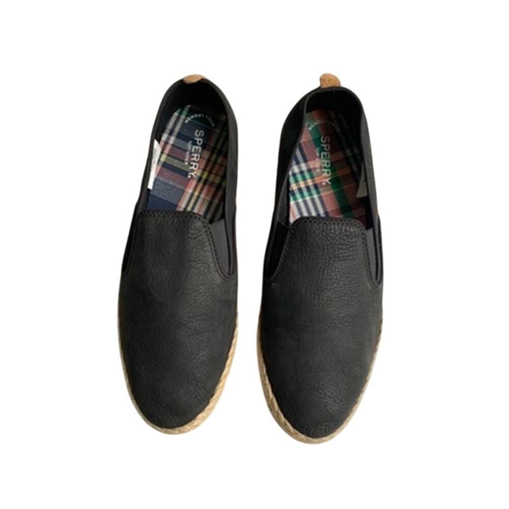 Sperry Black Leather Jute Sailor Twin Espadrilles Flats Size 9 Excellent